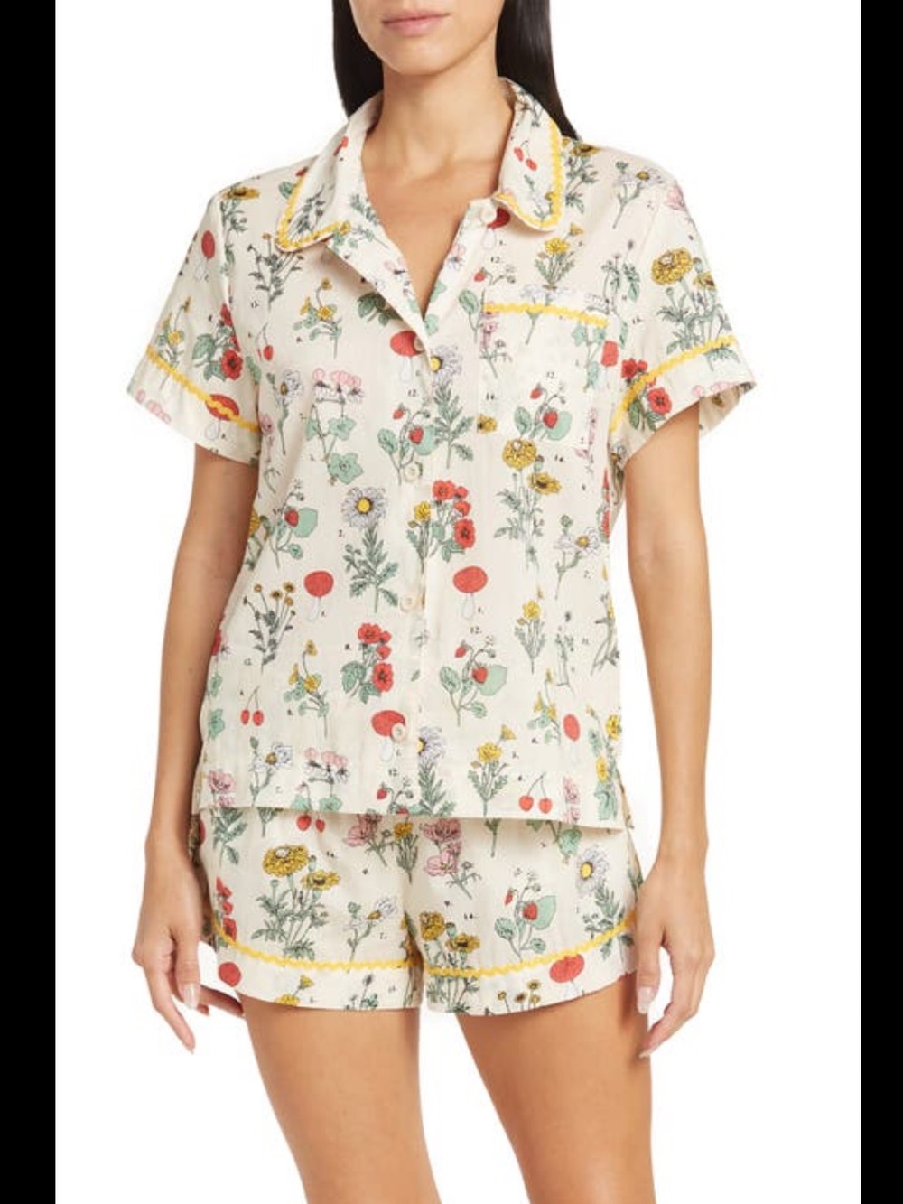 ban.do Botanical Cotton Pajama Set Shorts Top Mushrooms Wildflowers medium cream